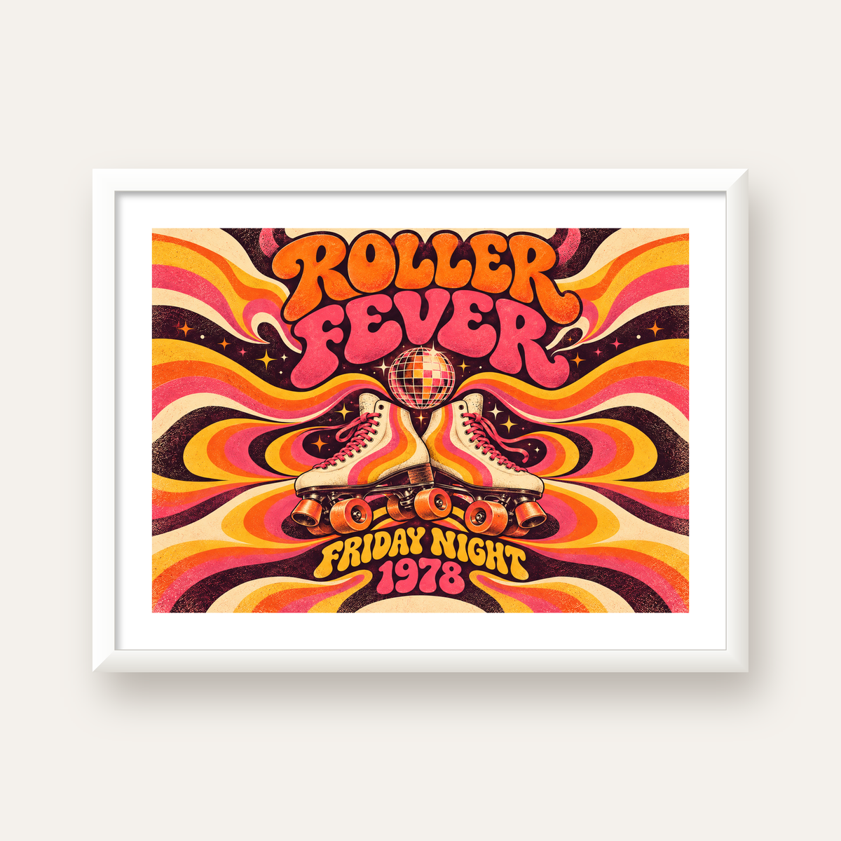 Retro Paten ve Disko Topu Poster – Renkli 70’ler Duvar Dekoru — beyaz çerçeveli yatay poster