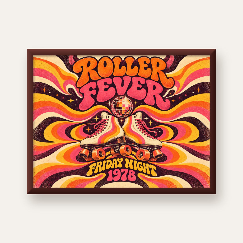 Retro Paten ve Disko Topu Poster – Renkli 70’ler Duvar Dekoru — ceviz çerçeveli