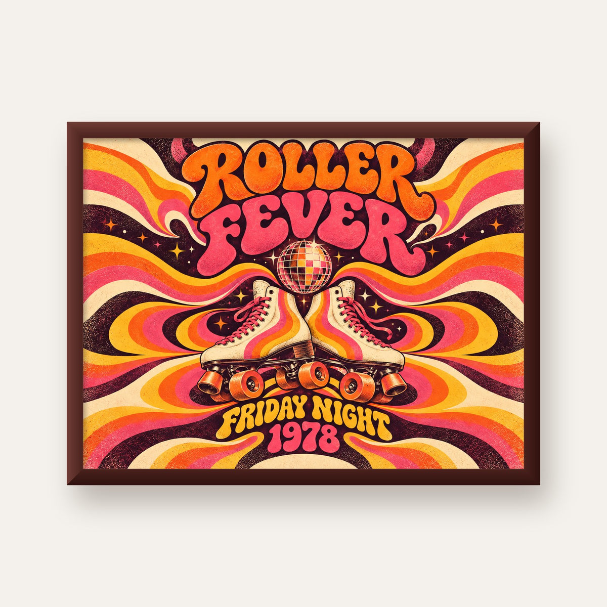 Retro Paten ve Disko Topu Poster – Renkli 70’ler Duvar Dekoru — ceviz çerçeveli