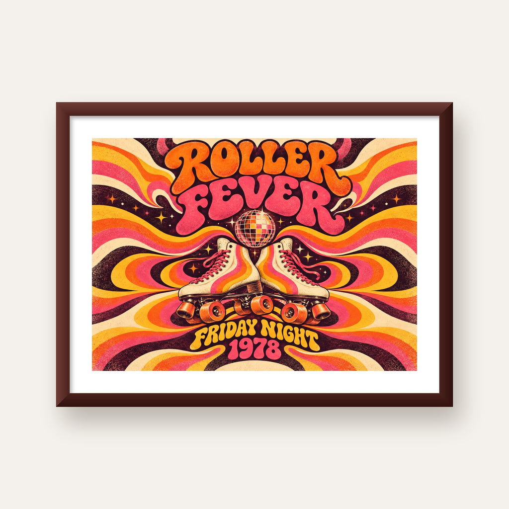 Retro Paten ve Disko Topu Poster – Renkli 70’ler Duvar Dekoru — ceviz çerçeveli paspartulu