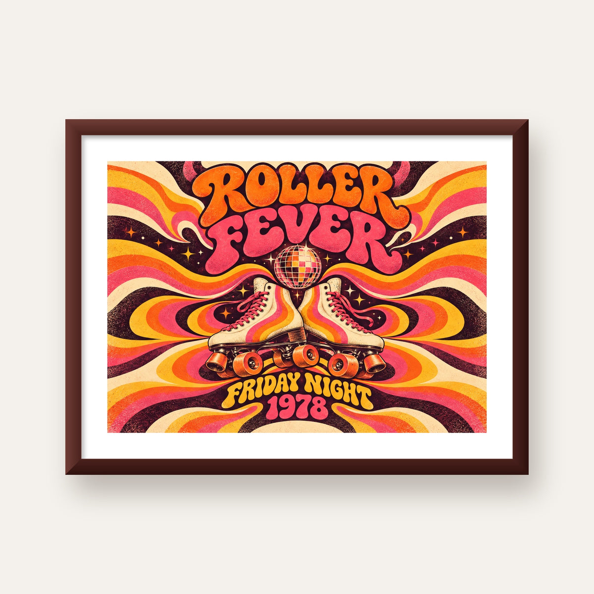 Retro Paten ve Disko Topu Poster – Renkli 70’ler Duvar Dekoru — ceviz çerçeveli paspartulu
