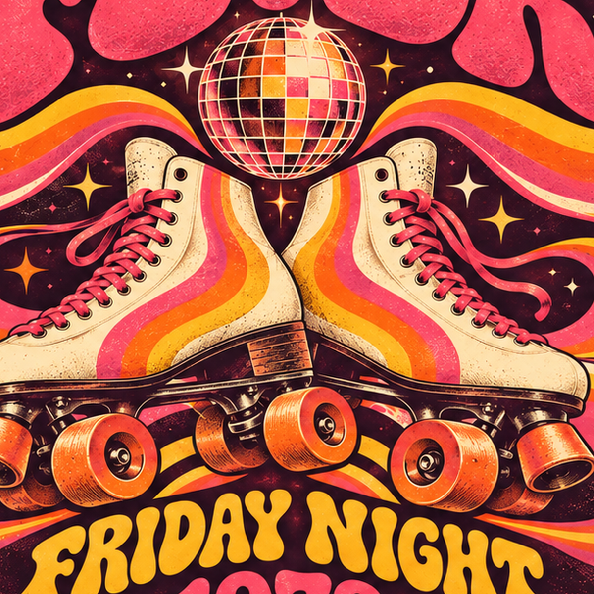 Retro Paten ve Disko Topu Poster – Renkli 70’ler Duvar Dekoru — baskının yakın çekimi, kâğıt dokusu ve renk detayı
