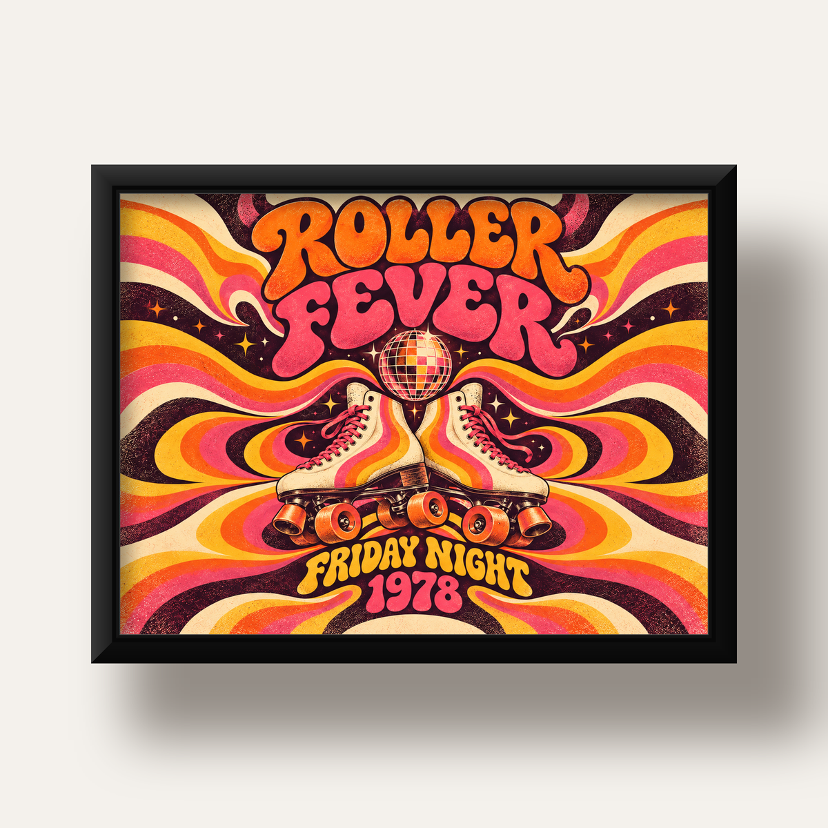 Retro Paten ve Disko Topu Poster – Renkli 70’ler Duvar Dekoru — siyah derin çerçeveli
