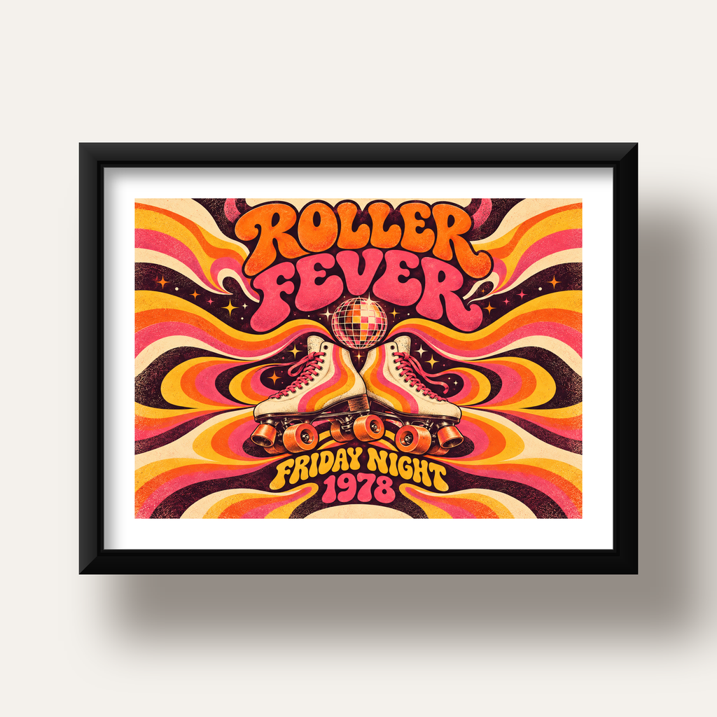 Retro Paten ve Disko Topu Poster – Renkli 70’ler Duvar Dekoru — siyah derin çerçeveli paspartulu