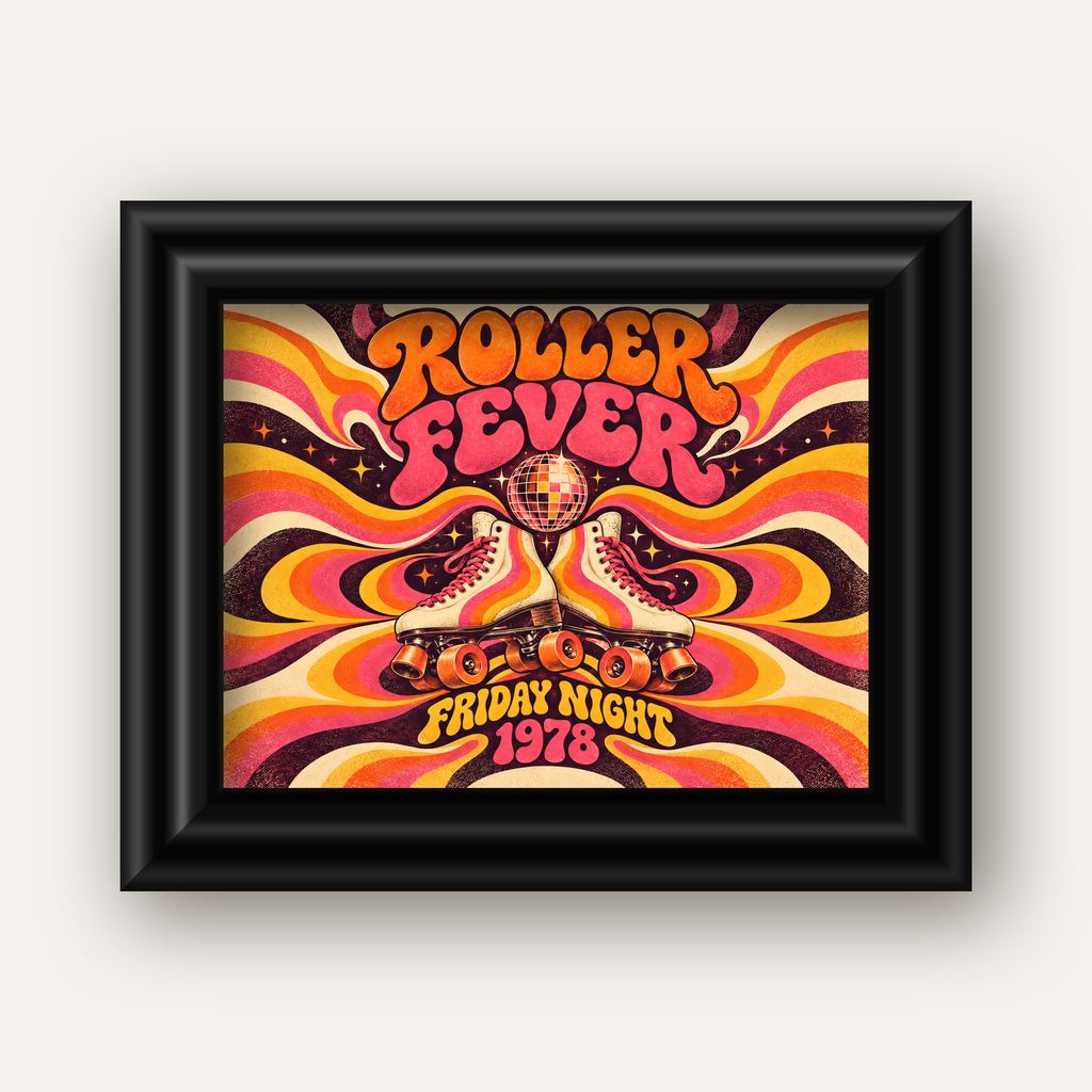 Retro Paten ve Disko Topu Poster – Renkli 70’ler Duvar Dekoru — siyah galeri çerçeveli