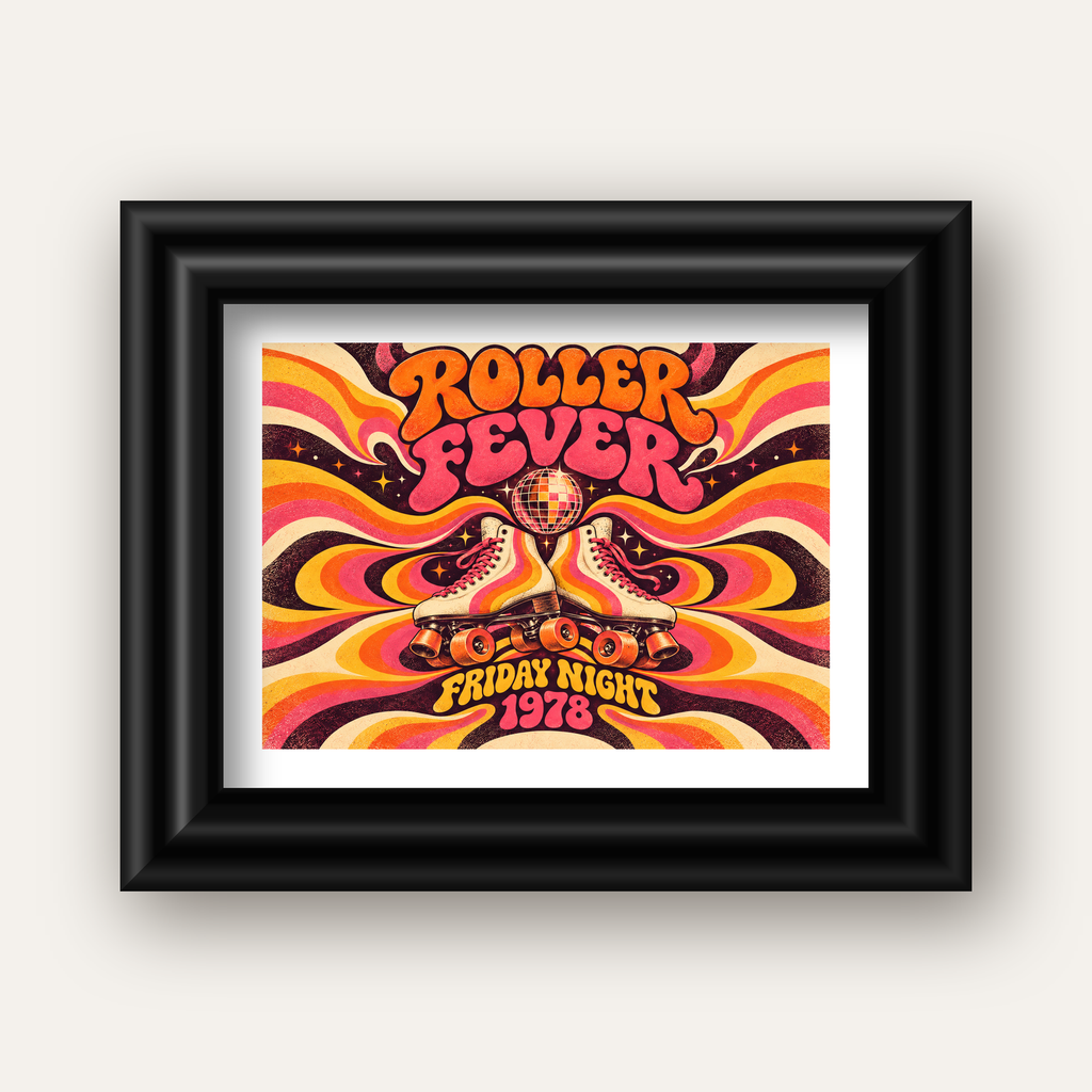 Retro Paten ve Disko Topu Poster – Renkli 70’ler Duvar Dekoru — siyah galeri çerçeveli paspartulu