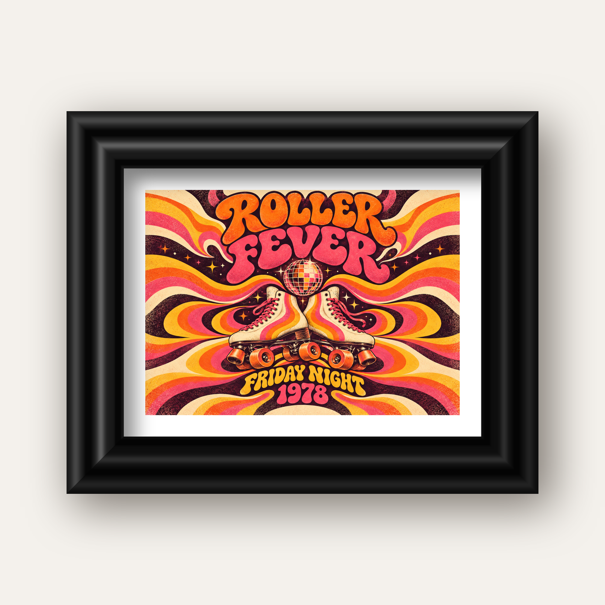 Retro Paten ve Disko Topu Poster – Renkli 70’ler Duvar Dekoru — siyah galeri çerçeveli paspartulu