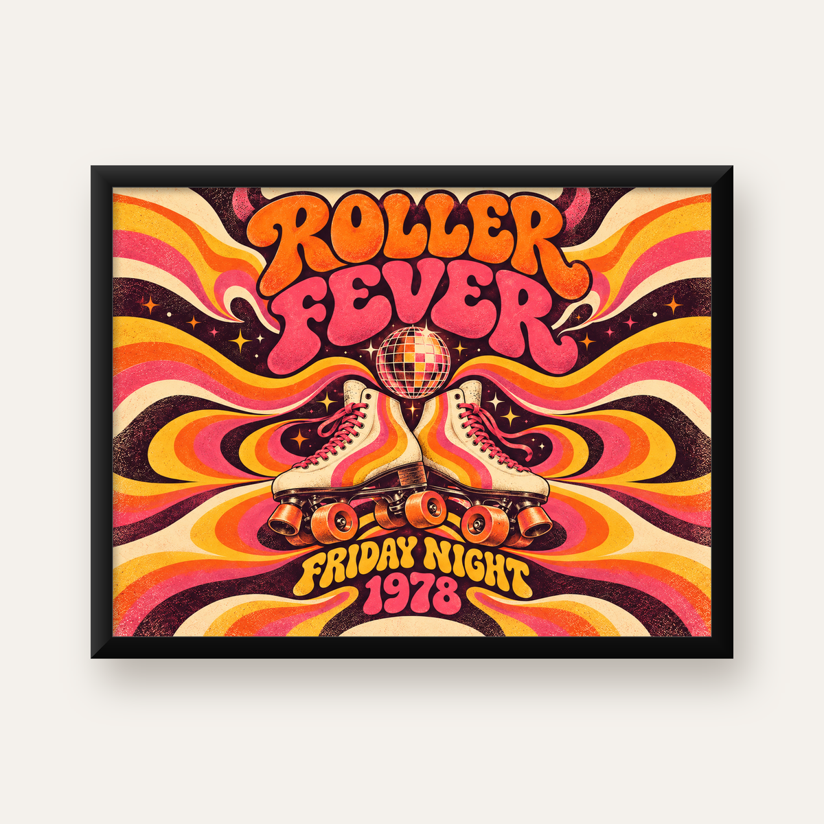 Retro Paten ve Disko Topu Poster – Renkli 70’ler Duvar Dekoru — Yatay baskı, düz siyah çerçeveli duvar posteri