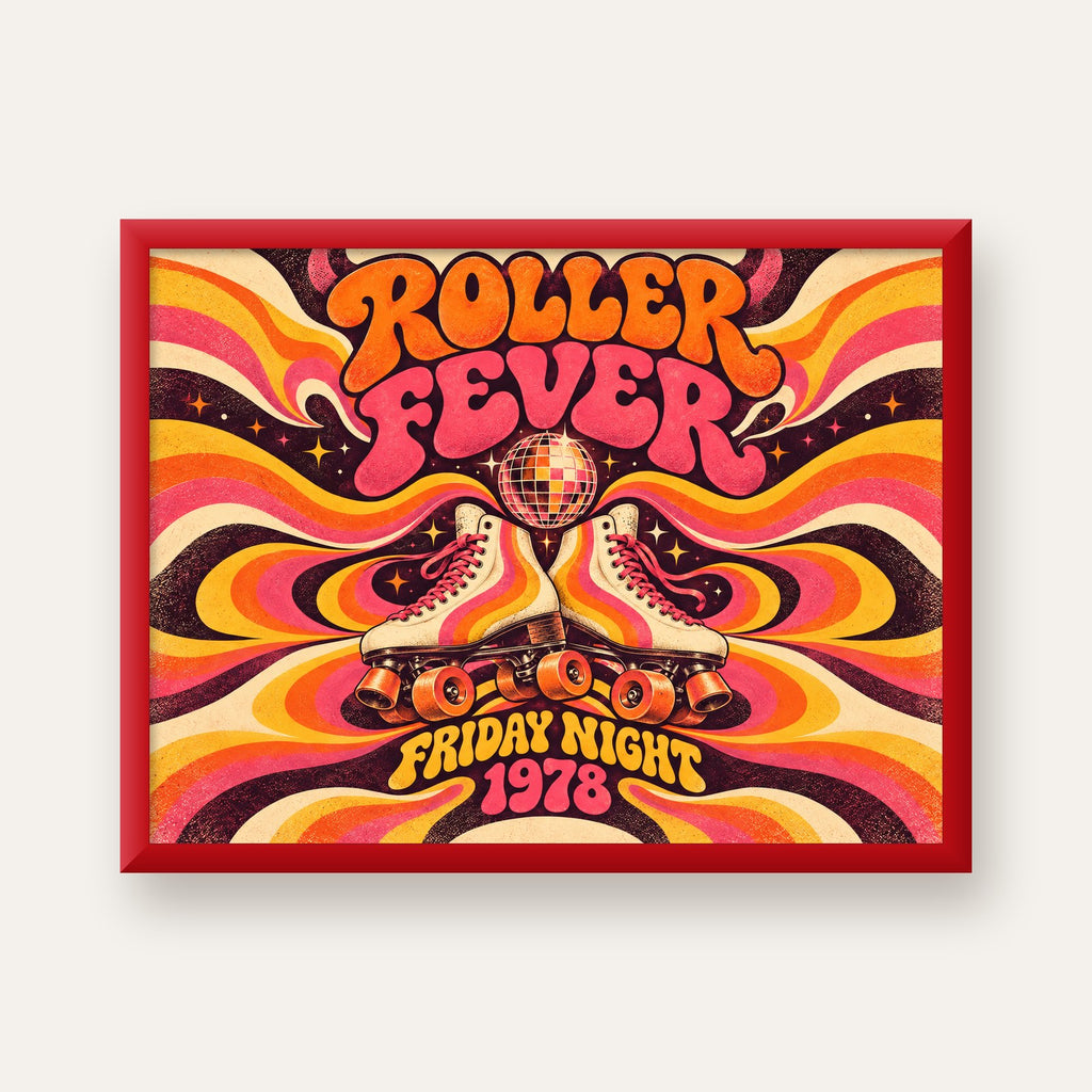 Retro Paten ve Disko Topu Poster – Renkli 70’ler Duvar Dekoru — kırmızı çerçeveli