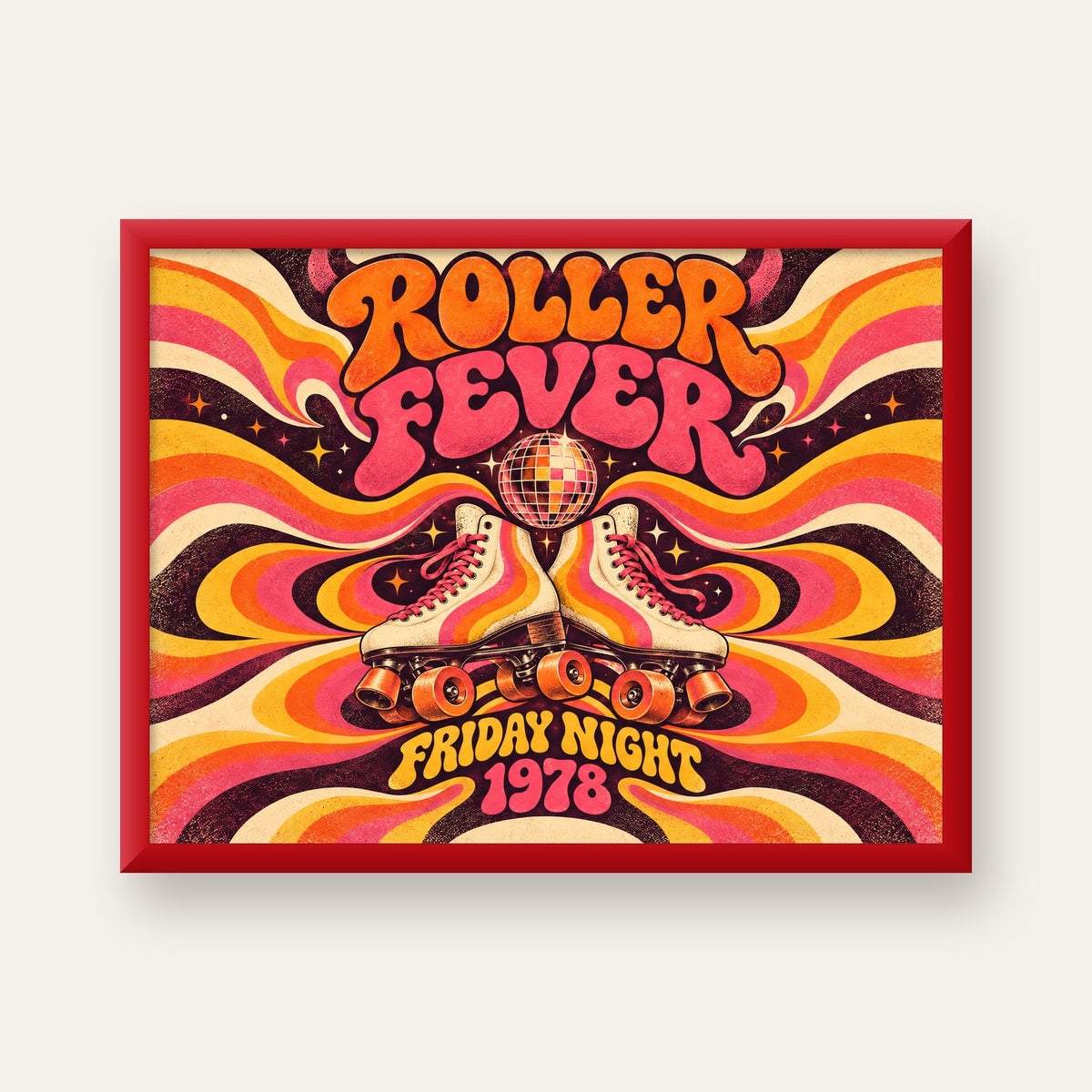 Retro Paten ve Disko Topu Poster – Renkli 70’ler Duvar Dekoru — kırmızı çerçeveli