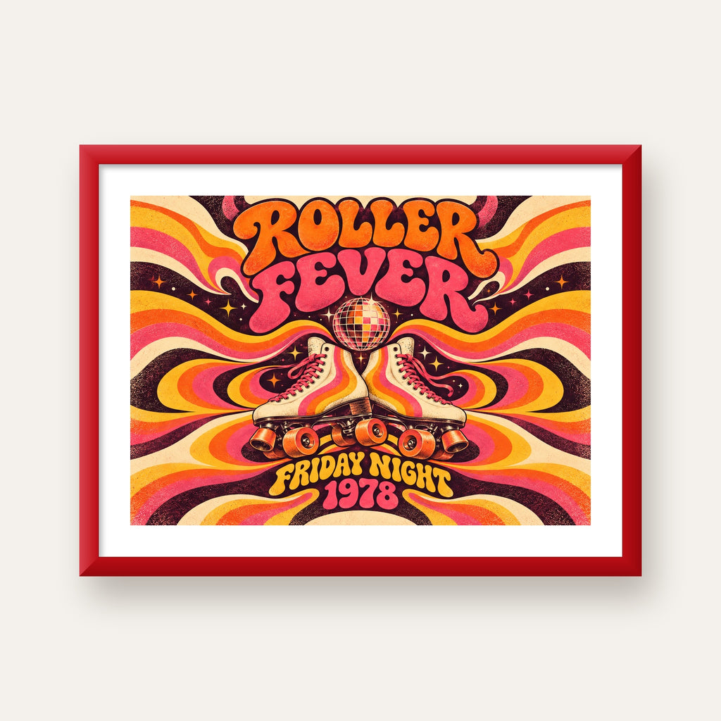 Retro Paten ve Disko Topu Poster – Renkli 70’ler Duvar Dekoru — kırmızı çerçeveli paspartulu