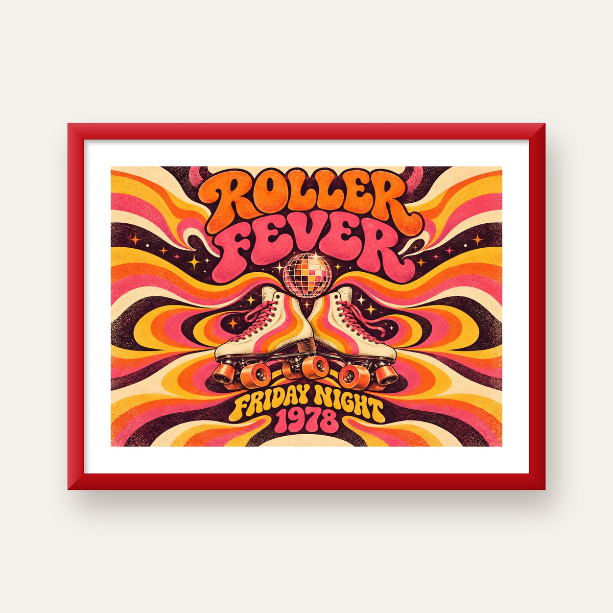 Retro Paten ve Disko Topu Poster – Renkli 70’ler Duvar Dekoru — kırmızı çerçeveli paspartulu