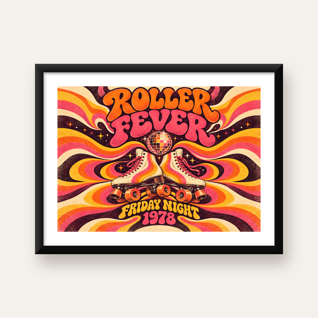 Retro Paten ve Disko Topu Poster – Renkli 70’ler Duvar Dekoru — Yatay baskı, beyaz paspartulu