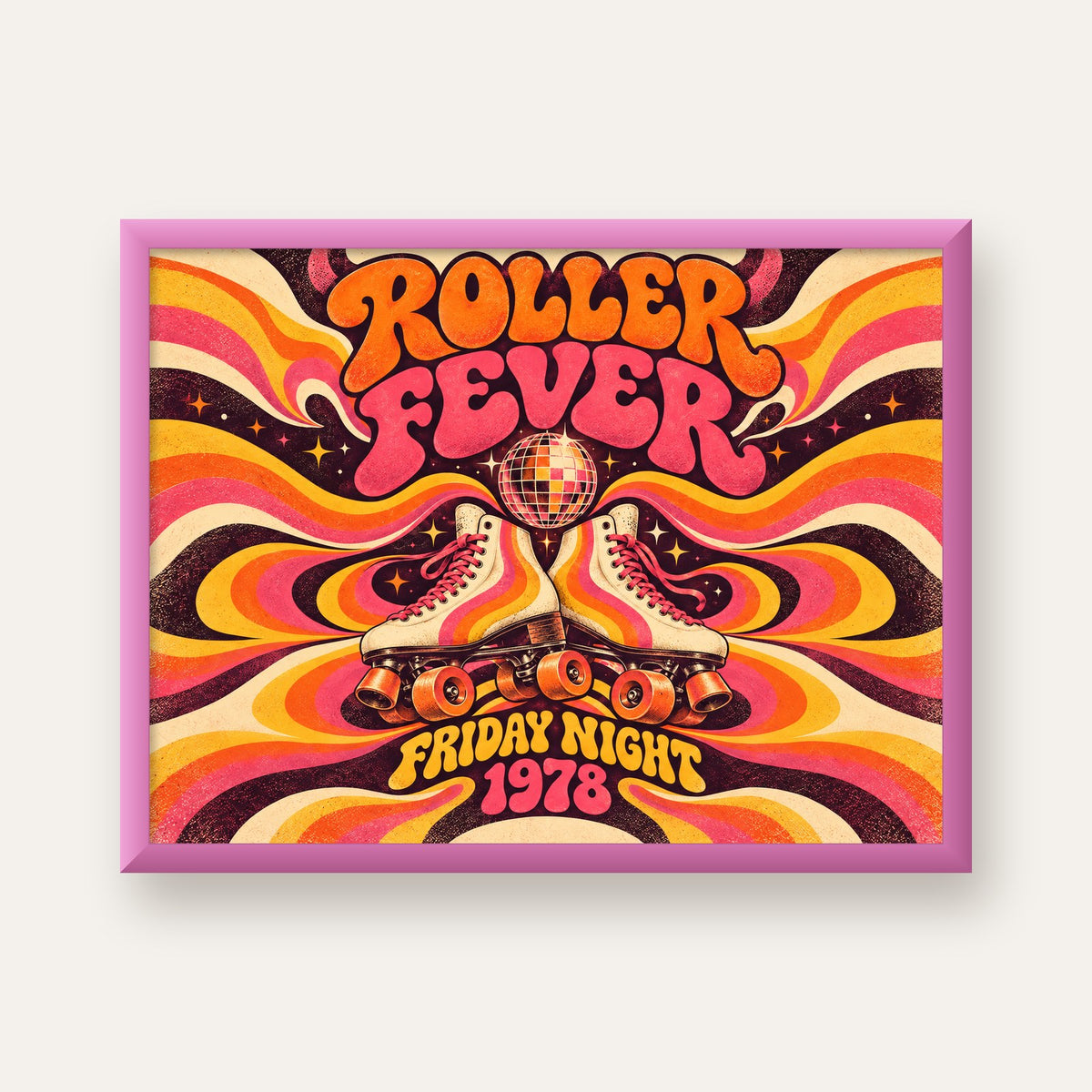 Retro Paten ve Disko Topu Poster – Renkli 70’ler Duvar Dekoru — pembe çerçeveli