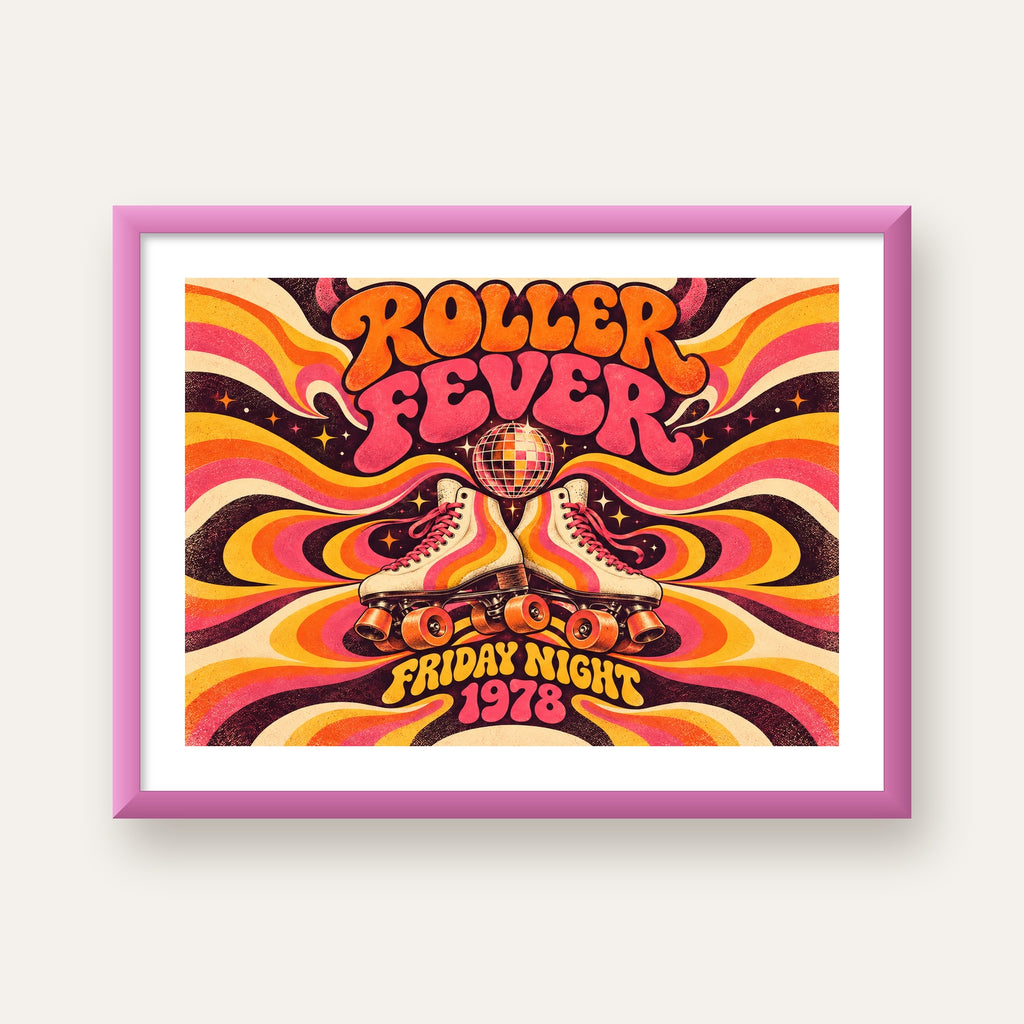 Retro Paten ve Disko Topu Poster – Renkli 70’ler Duvar Dekoru — pembe çerçeveli paspartulu
