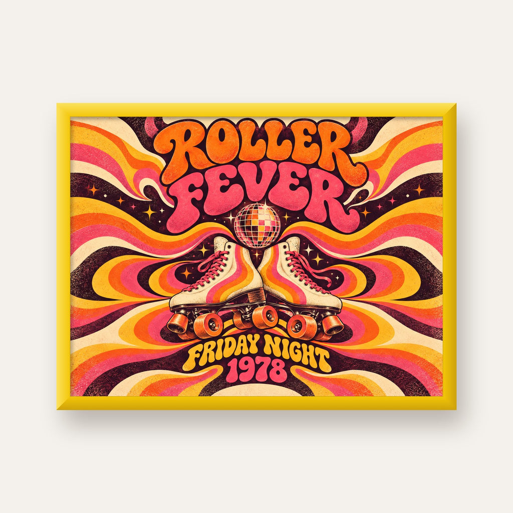 Retro Paten ve Disko Topu Poster – Renkli 70’ler Duvar Dekoru — sarı çerçeveli