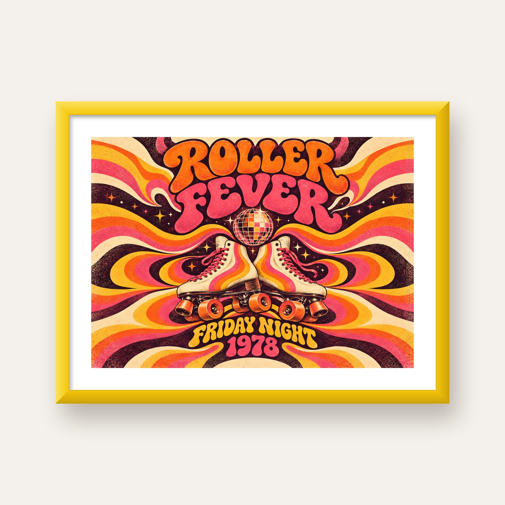 Retro Paten ve Disko Topu Poster – Renkli 70’ler Duvar Dekoru — sarı çerçeveli paspartulu