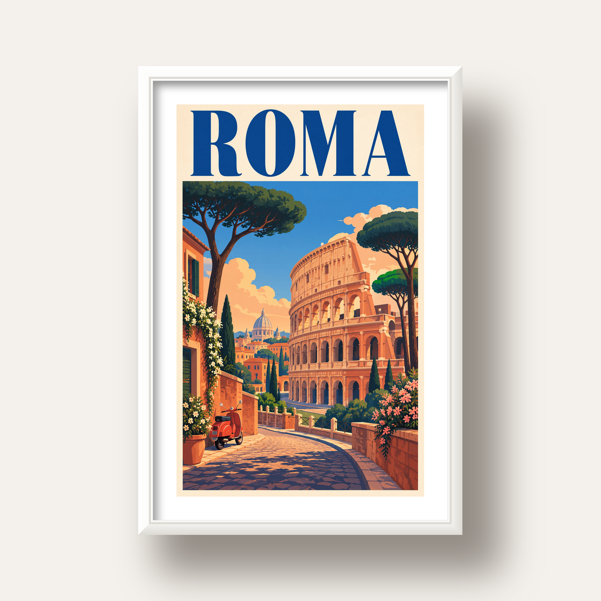 Roma Manzaralı Renkli Vespa İllüstrasyon Poster — beyaz derin çerçeveli paspartulu