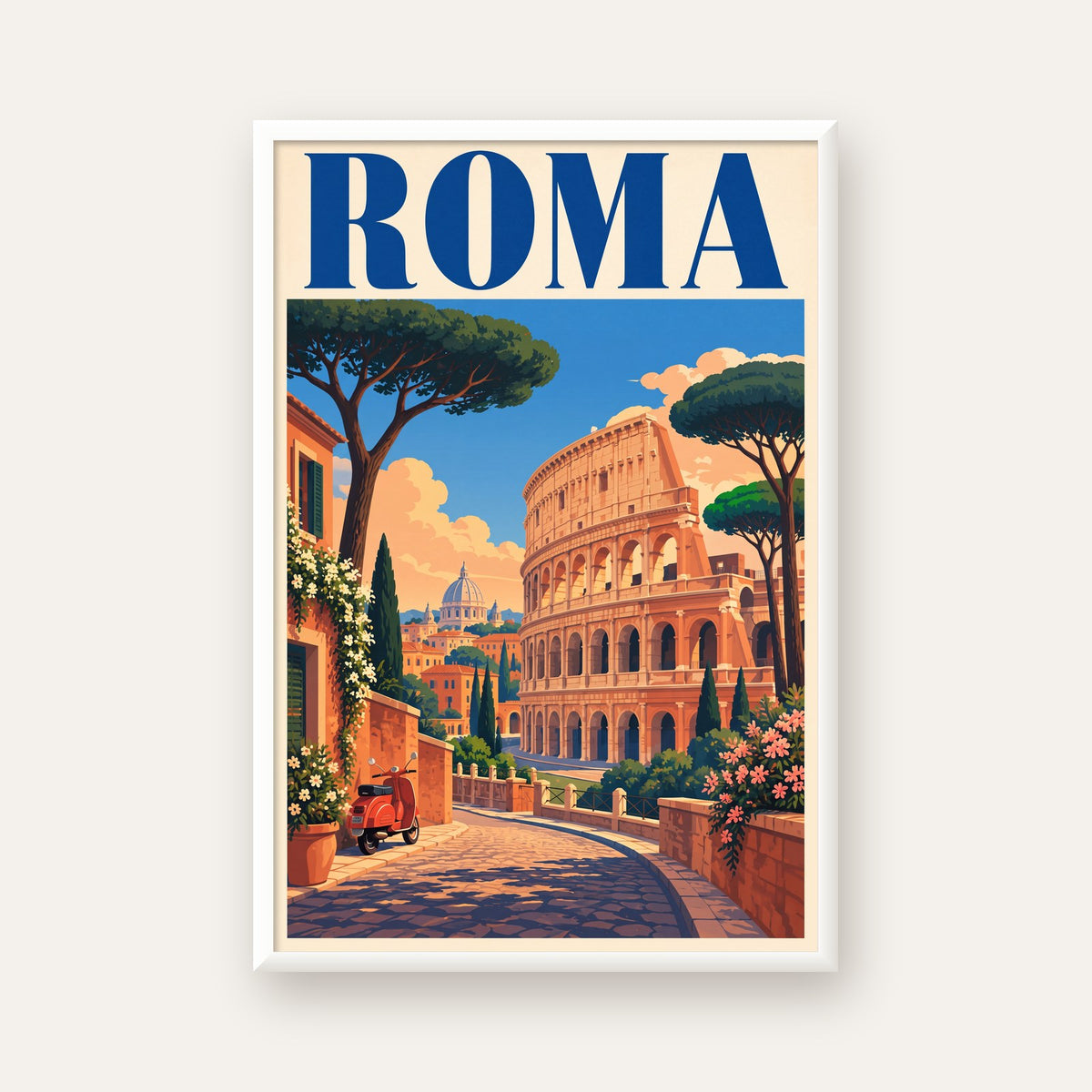 Roma Manzaralı Renkli Vespa İllüstrasyon Poster — beyaz çerçeveli dikey poster