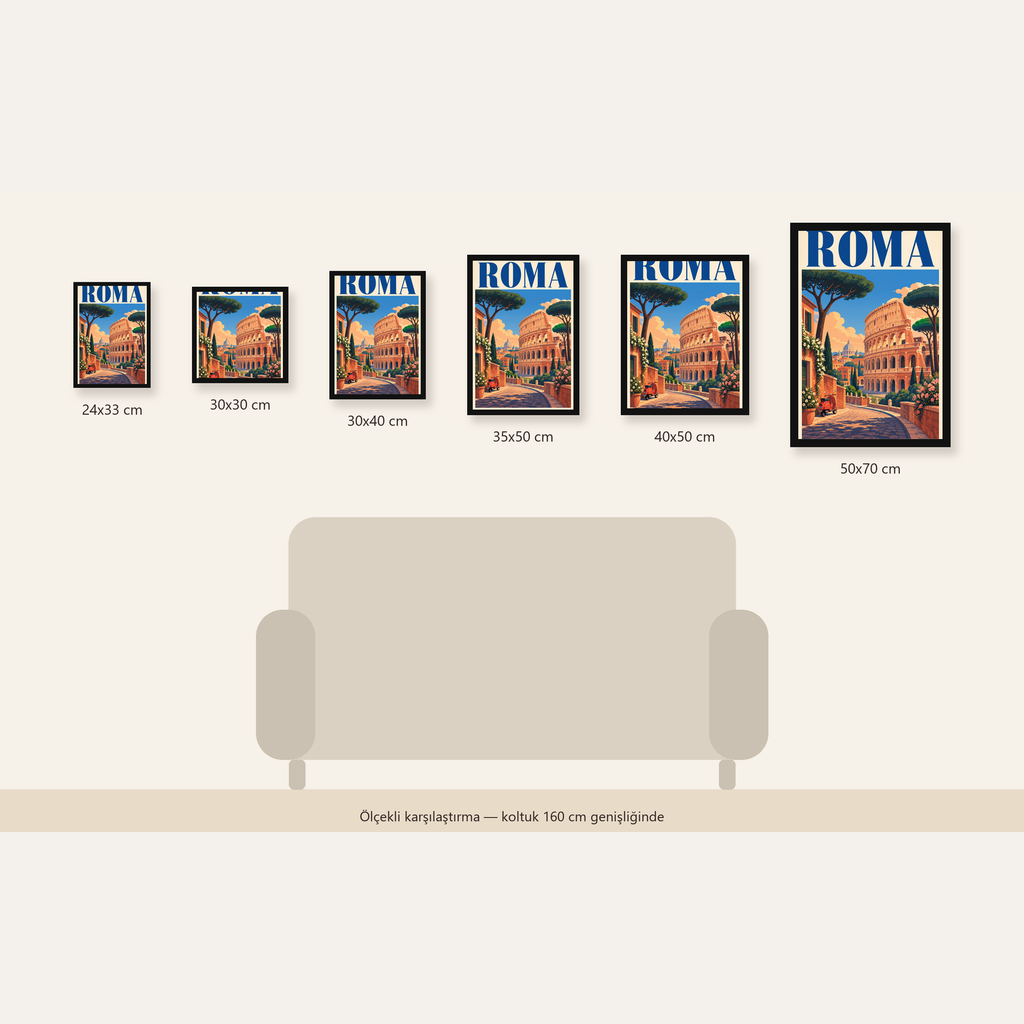 Roma Manzaralı Renkli Vespa İllüstrasyon Poster — 24×33 cm'den 50×70 cm'e, altı ölçünün karşılaştırması