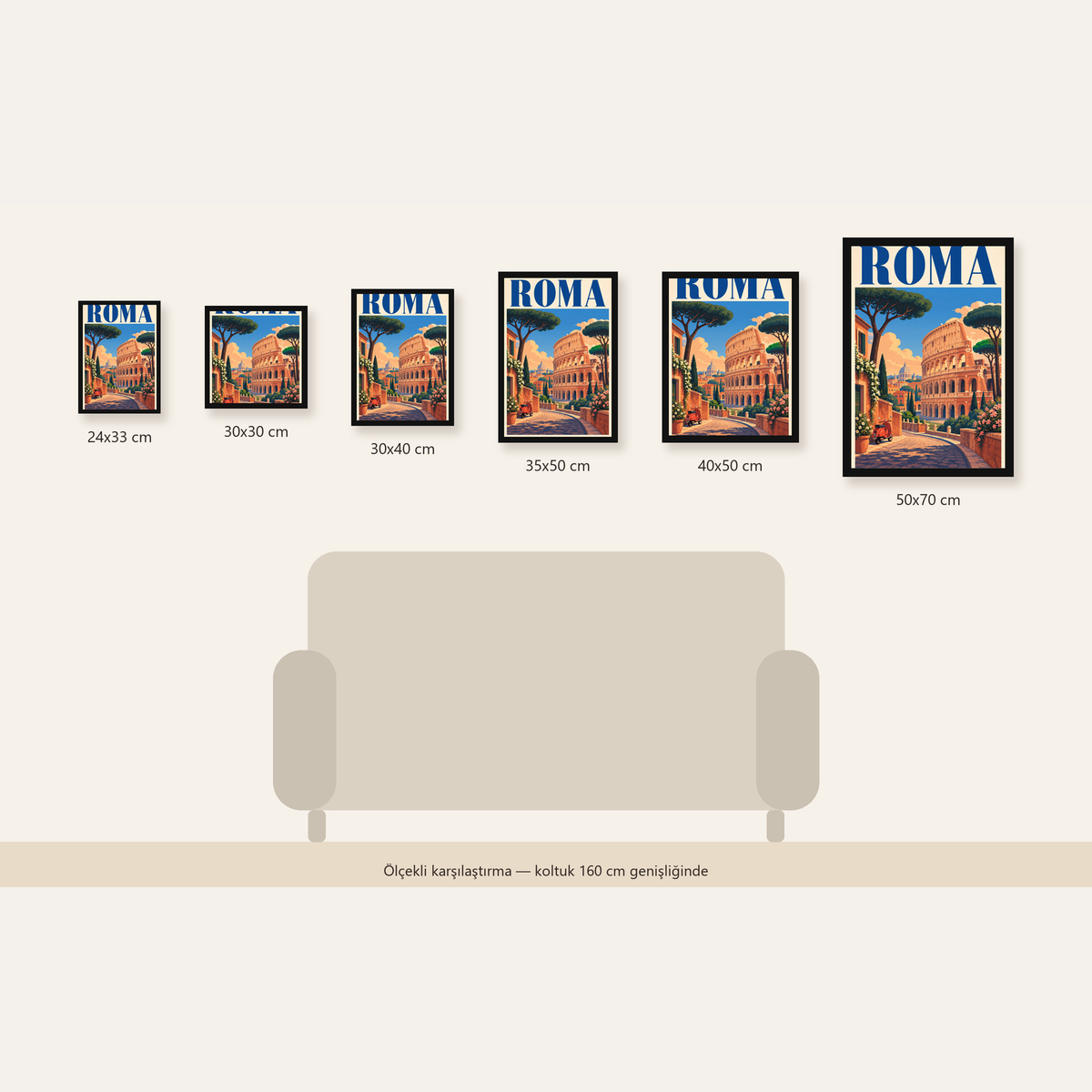 Roma Manzaralı Renkli Vespa İllüstrasyon Poster — 24×33 cm'den 50×70 cm'e, altı ölçünün karşılaştırması