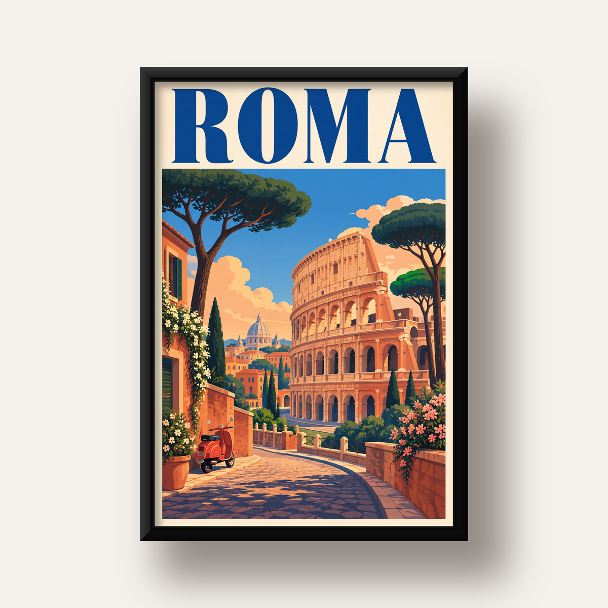 Roma Manzaralı Renkli Vespa İllüstrasyon Poster — siyah derin çerçeveli