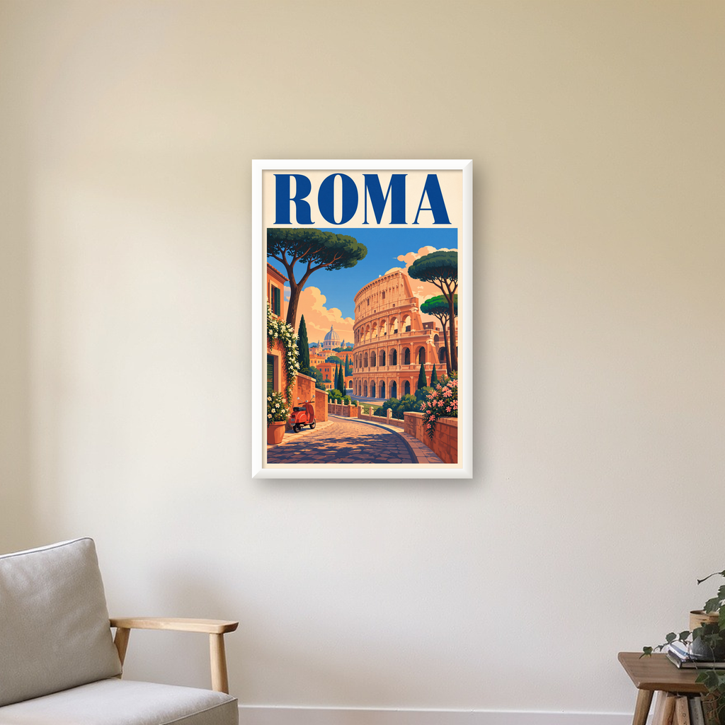 Roma Manzaralı Renkli Vespa İllüstrasyon Poster — beyaz çerçeveli dikey poster