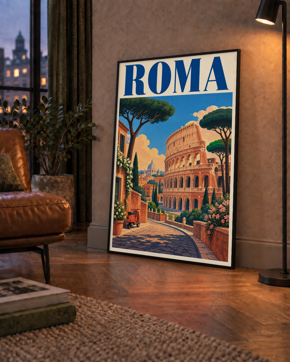 Roma Manzaralı Renkli Vespa İllüstrasyon Poster — çerçeveli hâliyle bir ev duvarında