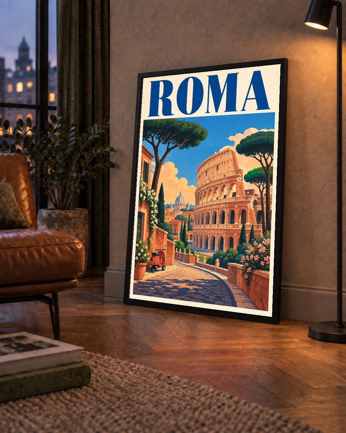 Roma Manzaralı Renkli Vespa İllüstrasyon Poster