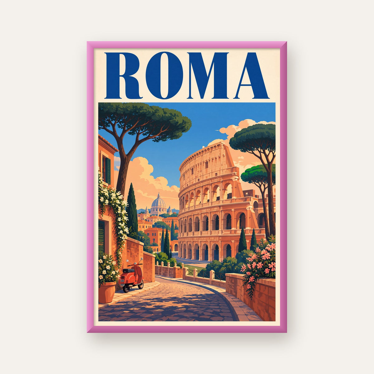 Roma Manzaralı Renkli Vespa İllüstrasyon Poster — pembe çerçeveli