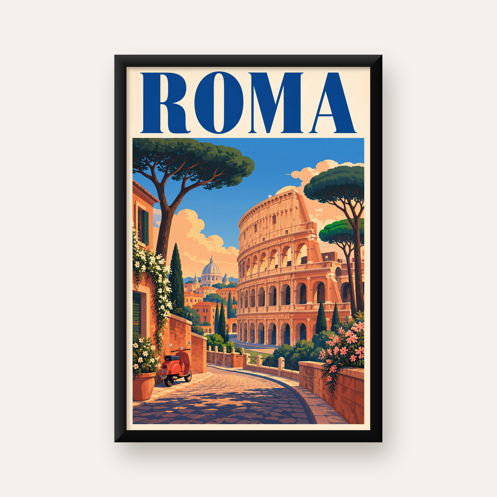 Roma Manzaralı Renkli Vespa İllüstrasyon Poster — düz siyah çerçeveli duvar posteri