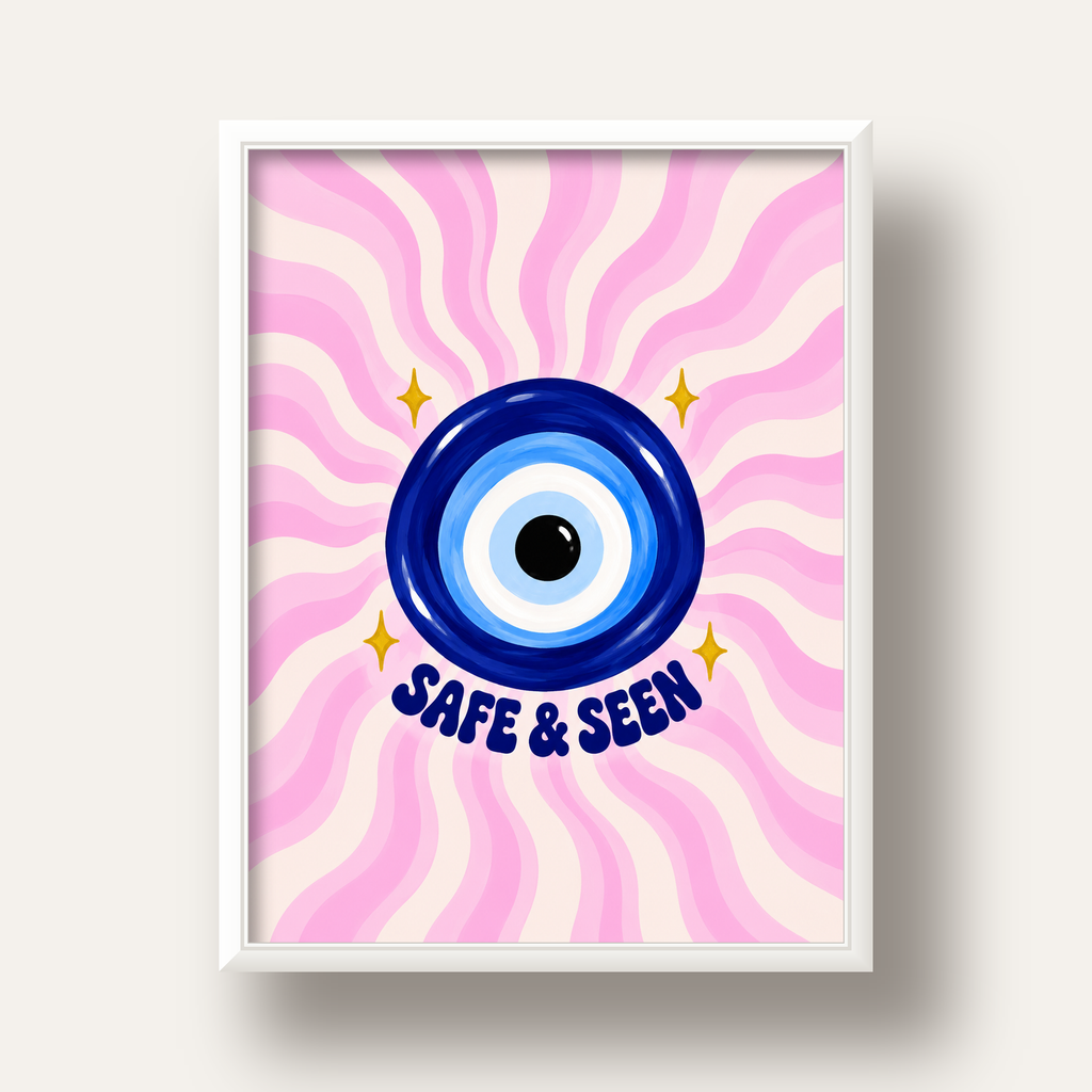 Safe & Seen Nazar Boncuğu Poster — beyaz derin çerçeveli