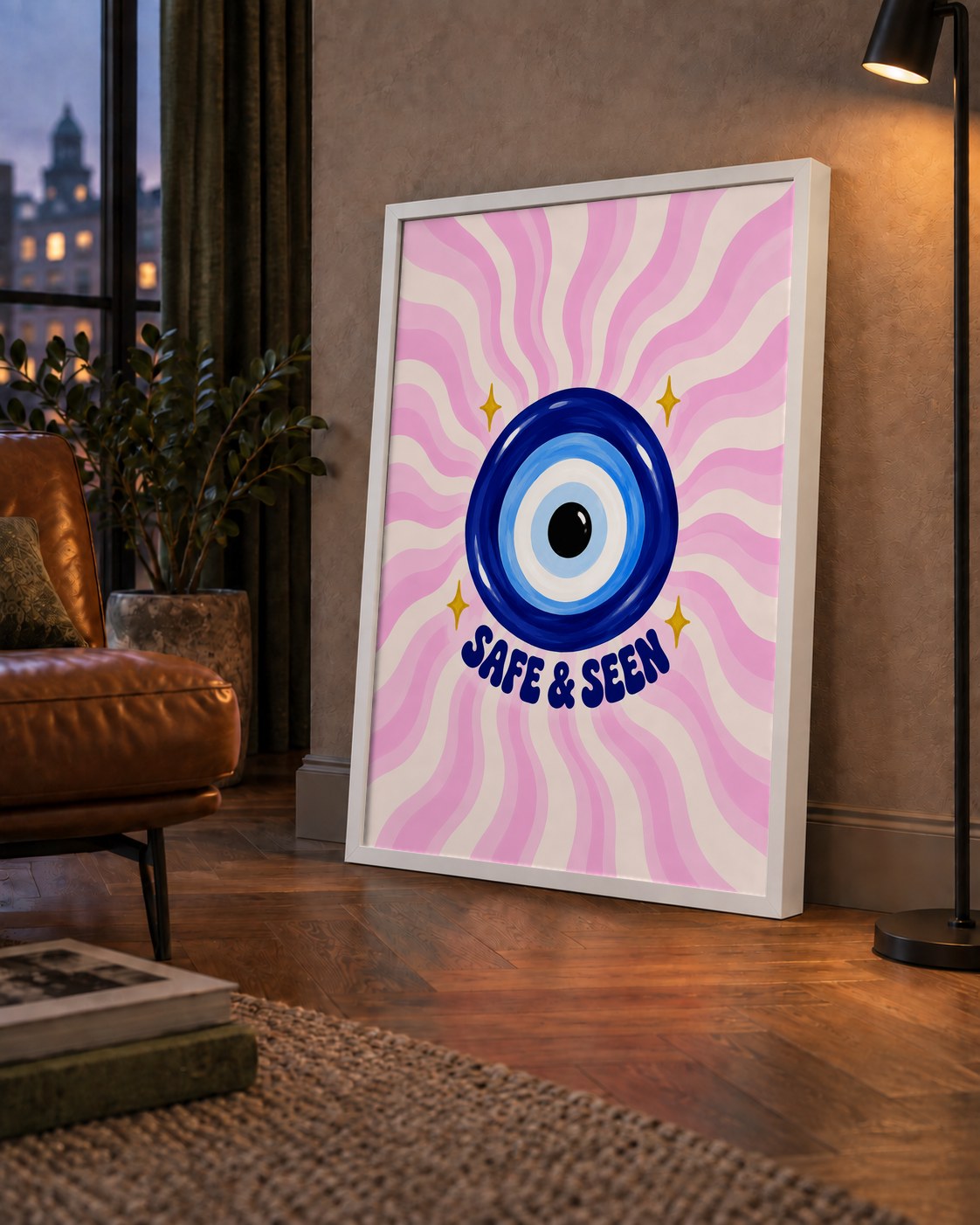 Safe & Seen Nazar Boncuğu Poster — çerçeveli hâliyle bir ev duvarında