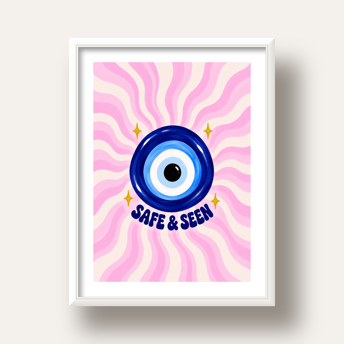Safe & Seen Nazar Boncuğu Poster — beyaz derin çerçeveli paspartulu