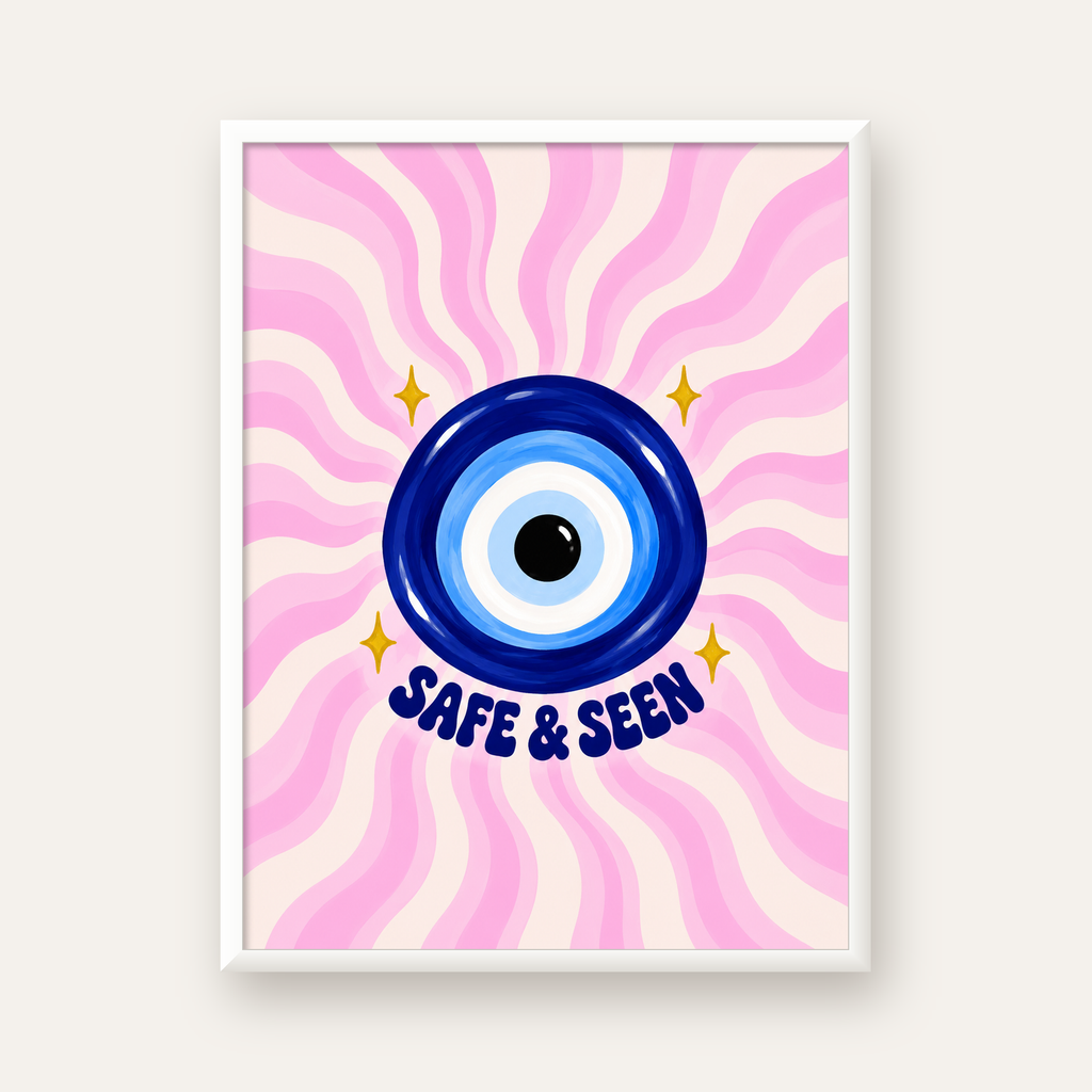 Safe & Seen Nazar Boncuğu Poster — beyaz çerçeveli dikey poster