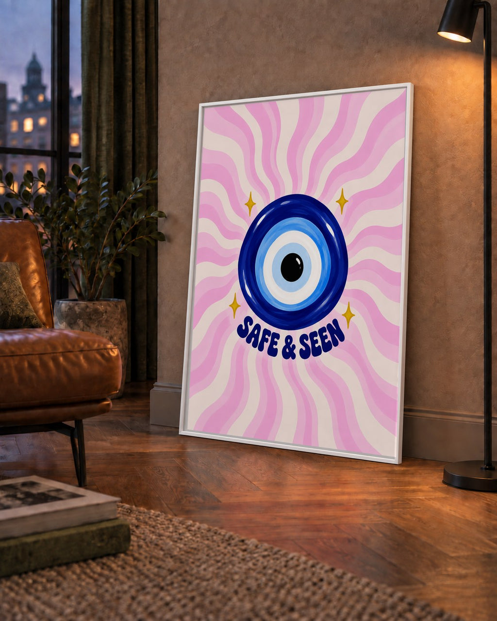Safe & Seen Nazar Boncuğu Poster — çerçeveli hâliyle bir ev duvarında