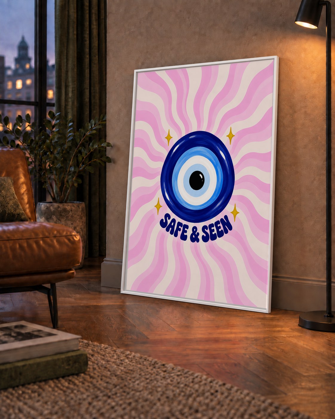 Safe & Seen Nazar Boncuğu Poster — çerçeveli hâliyle bir ev duvarında