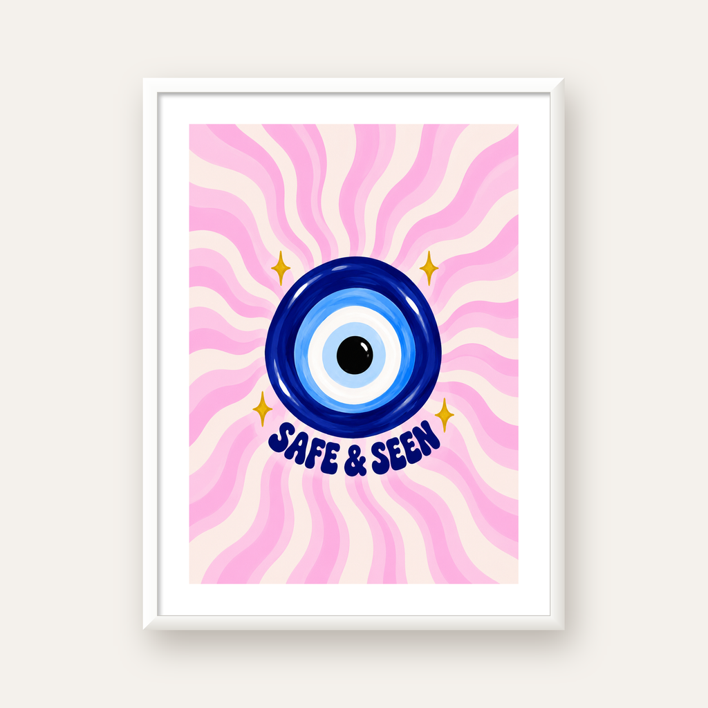 Safe & Seen Nazar Boncuğu Poster — beyaz çerçeveli dikey poster