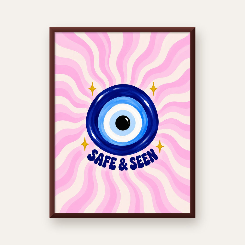 Safe & Seen Nazar Boncuğu Poster — ceviz çerçeveli