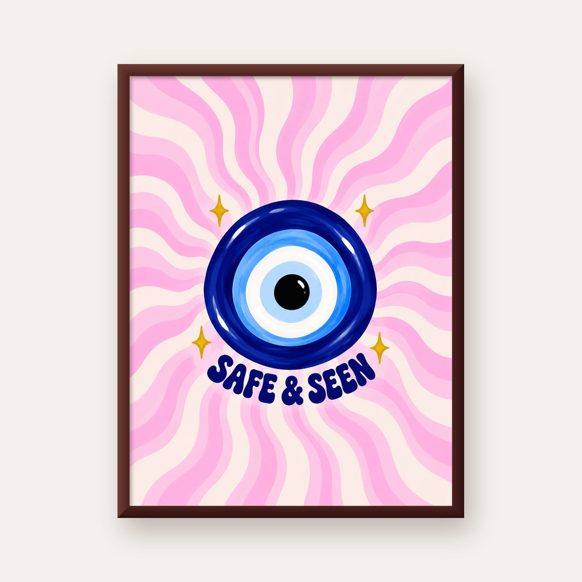 Safe & Seen Nazar Boncuğu Poster — ceviz çerçeveli