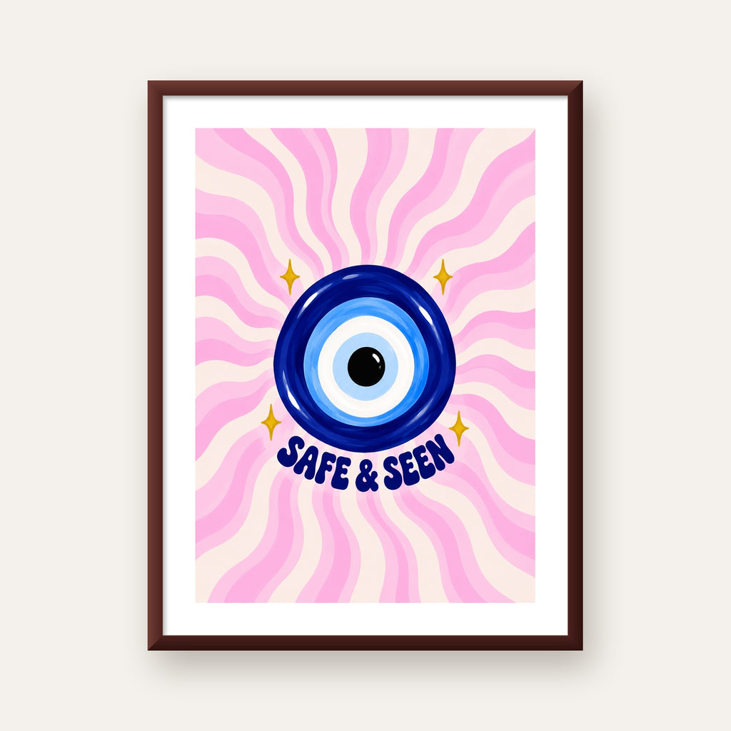 Safe & Seen Nazar Boncuğu Poster — ceviz çerçeveli paspartulu