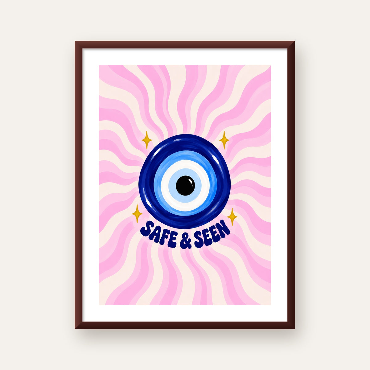 Safe & Seen Nazar Boncuğu Poster — ceviz çerçeveli paspartulu