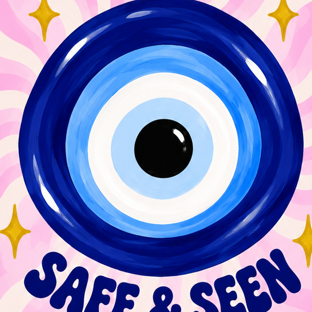 SAFE & SEEN Nazar Boncuğu Modern Renkli Poster — baskının yakın çekimi, kâğıt dokusu ve renk detayı