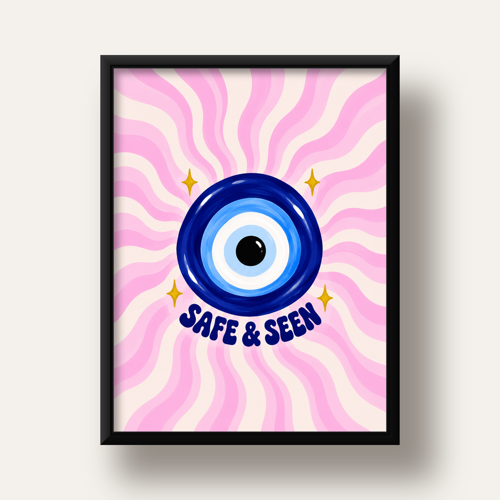 Safe & Seen Nazar Boncuğu Poster — siyah derin çerçeveli