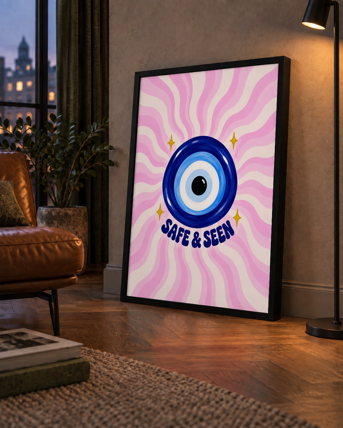 Safe & Seen Nazar Boncuğu Poster — çerçeveli hâliyle bir ev duvarında