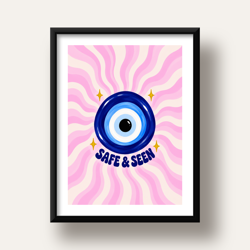 Safe & Seen Nazar Boncuğu Poster — siyah derin çerçeveli paspartulu