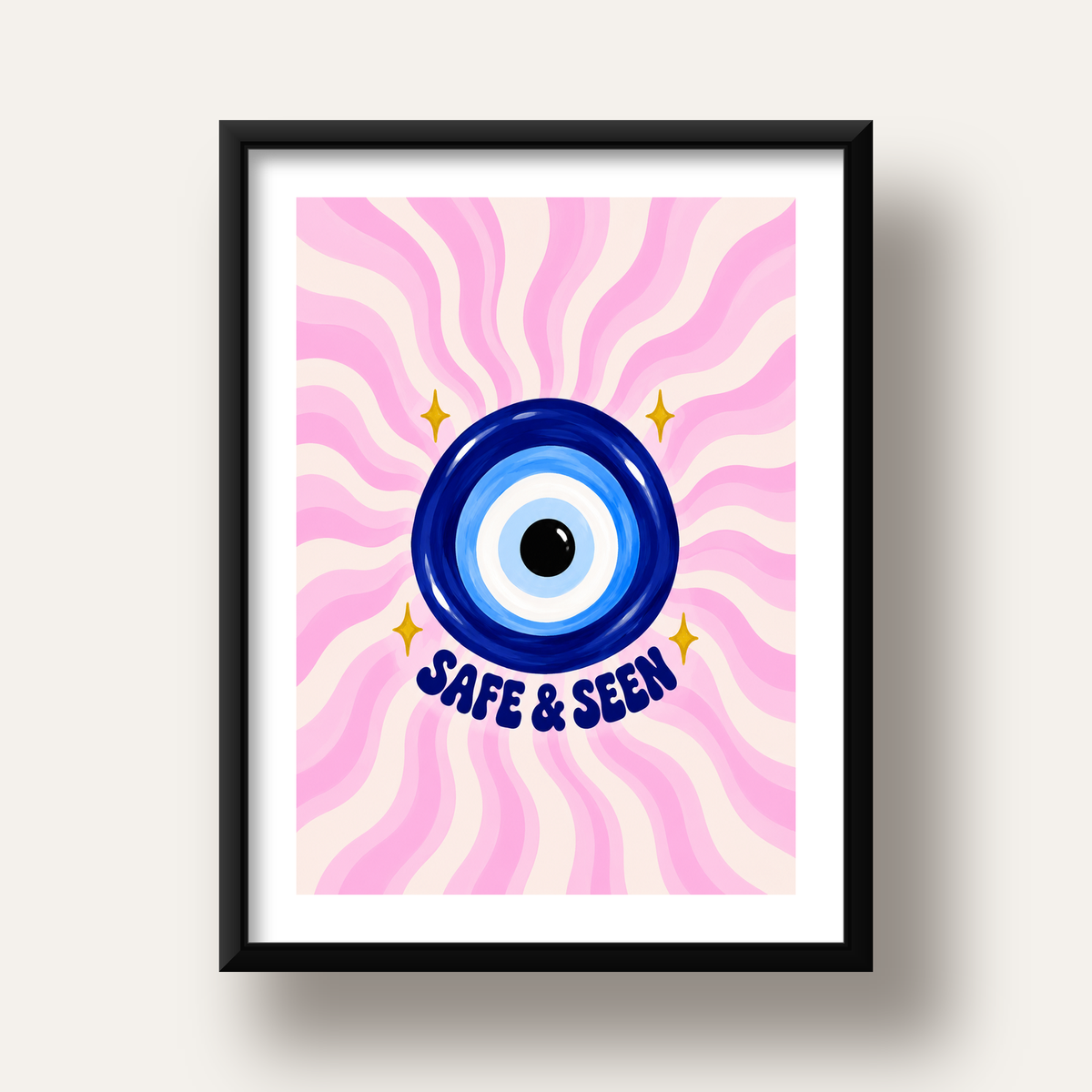 Safe & Seen Nazar Boncuğu Poster — siyah derin çerçeveli paspartulu