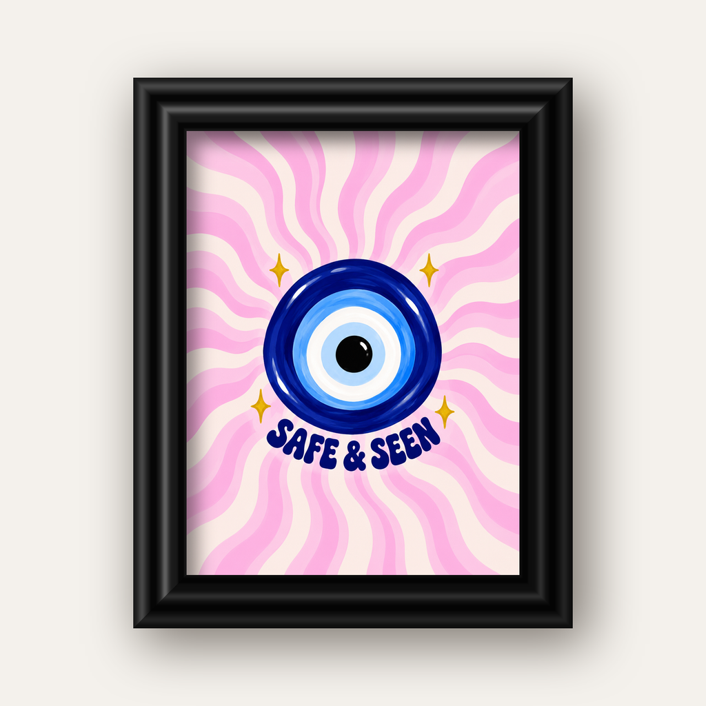 Safe & Seen Nazar Boncuğu Poster — siyah galeri çerçeveli