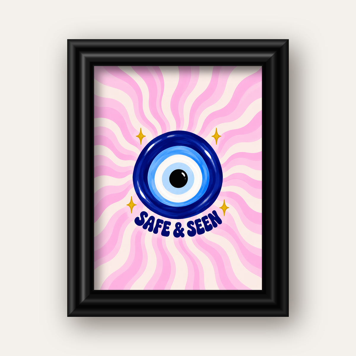 Safe & Seen Nazar Boncuğu Poster — siyah galeri çerçeveli