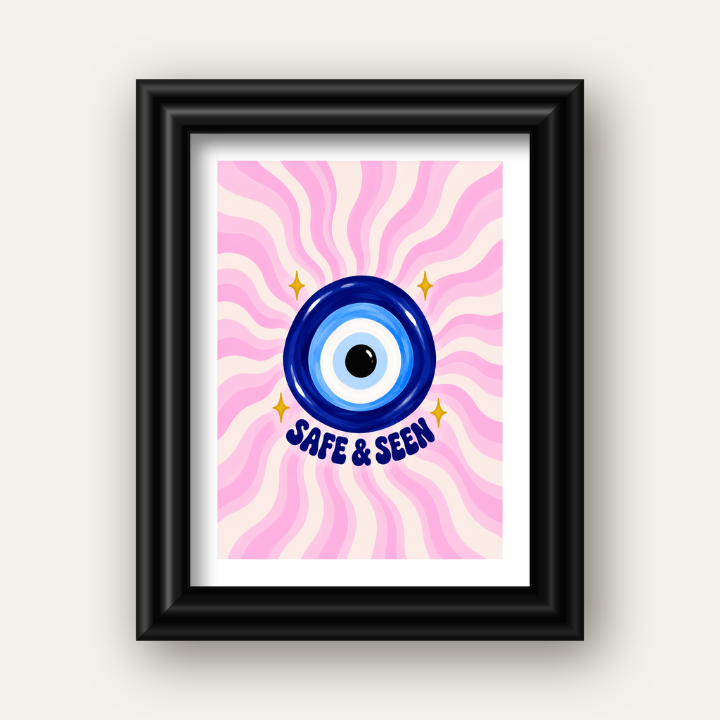 Safe & Seen Nazar Boncuğu Poster — siyah galeri çerçeveli paspartulu
